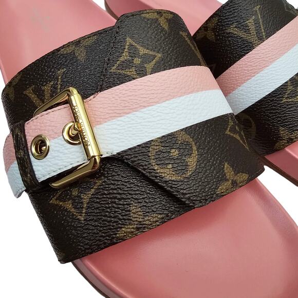 Louis Vuitton Bom Dia Flat Slide Mule Sandal Brown Pink LV Monogram Size 40 US10 - Picture 4 of 13